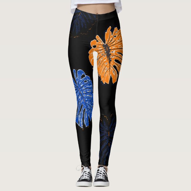 Farbenfrohe tropische Muster dunkler Foliage Leggings (Vorderseite)