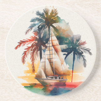 Farbenfrohe tropische Palme und Sailboat Sandstone Getränkeuntersetzer