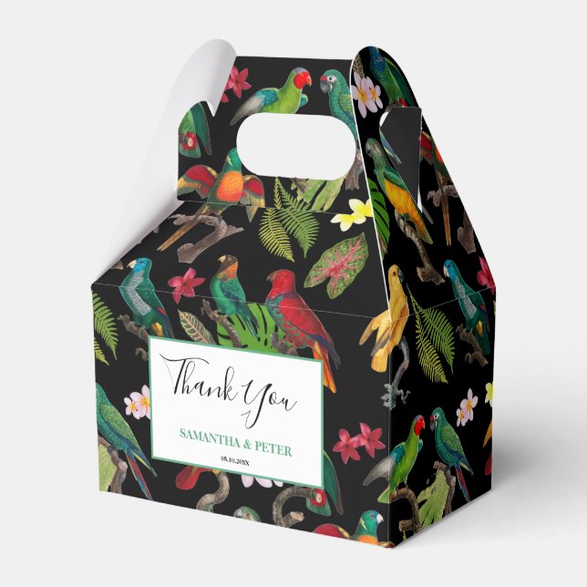 Farbenfrohe tropische Papageien, Blätter Blume Hoc Geschenkschachtel (Vorderseite)
