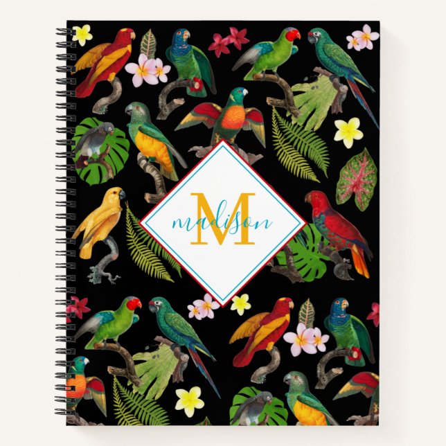 Farbenfrohe tropische Papageien-Blätter, Blume-Mon Notizbuch (Vorderseite)
