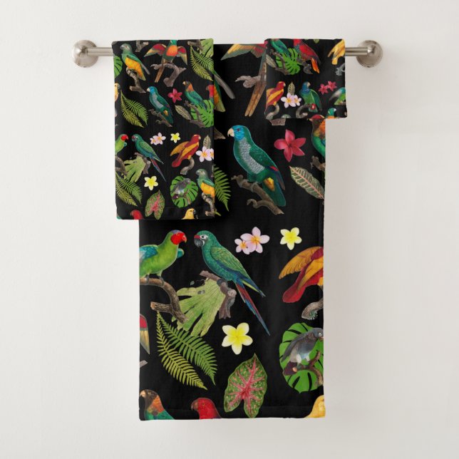 Farbenfrohe tropische Papageien, Blätter und Blume Badhandtuch Set (Insitu)