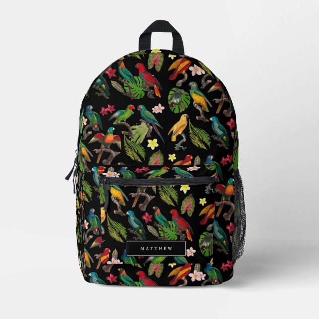 Farbenfrohe tropische Papageien, Blätter und Blume Bedruckter Rucksack (Vorderseite)