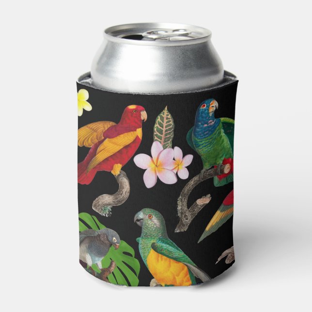 Farbenfrohe tropische Papageien, Blätter und Blume Dosenkühler (Kanne Vorderseite)