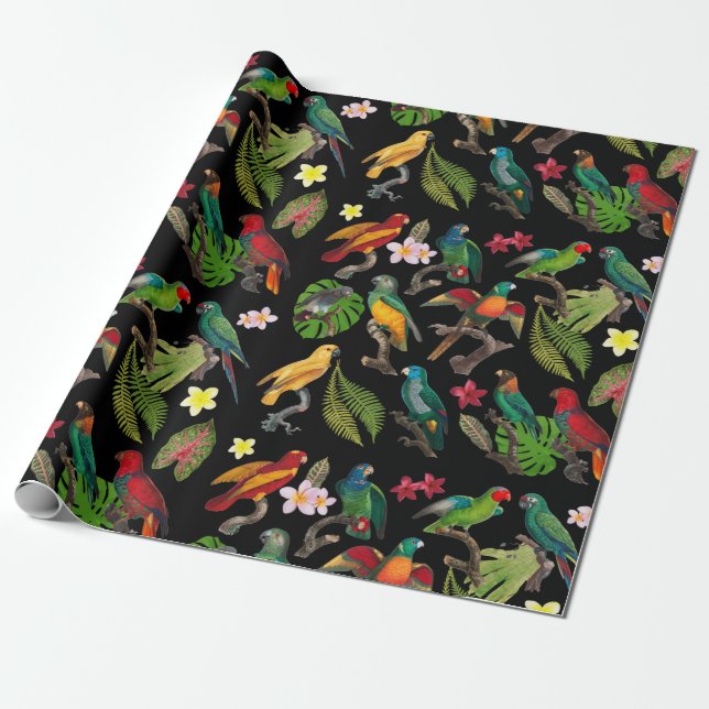 Farbenfrohe tropische Papageien, Blätter und Blume Geschenkpapier (Ungerollt)