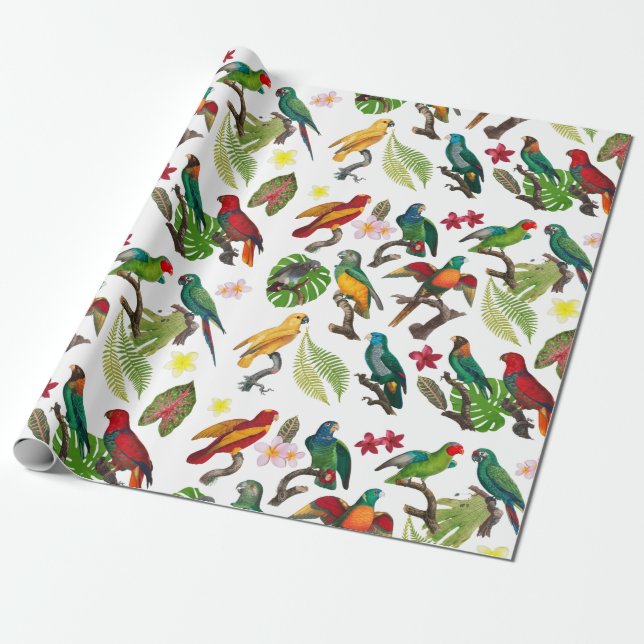 Farbenfrohe tropische Papageien, Blätter und Blume Geschenkpapier (Ungerollt)