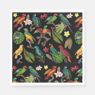 Farbenfrohe tropische Papageien, Blätter und Blume Serviette