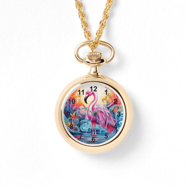 Farbenfrohe tropische Rosa Flamingo Elegante Fraue Armbanduhr (Vorderseite)