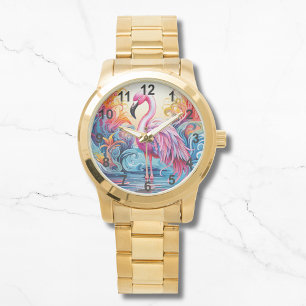 Farbenfrohe tropische Rosa Flamingo Elegante Fraue Armbanduhr