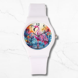 Farbenfrohe tropische Rosa Flamingo Elegante Fraue Armbanduhr
