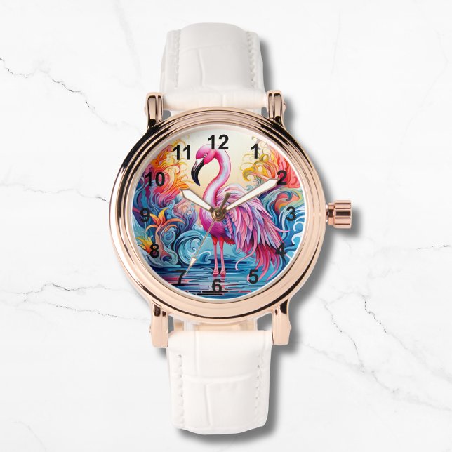 Farbenfrohe tropische Rosa Flamingo Elegante Fraue Armbanduhr (Von Creator hochgeladen)