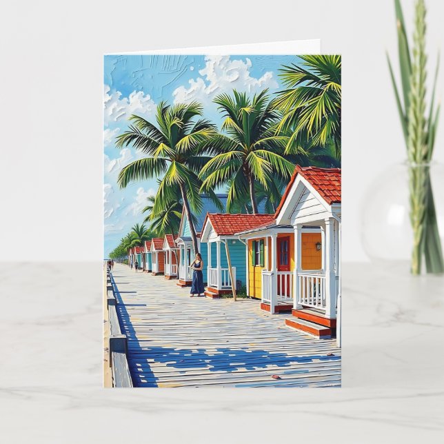 Farbenfrohe tropische Strandhütten zum Geburtstag Karte (Vorderseite)