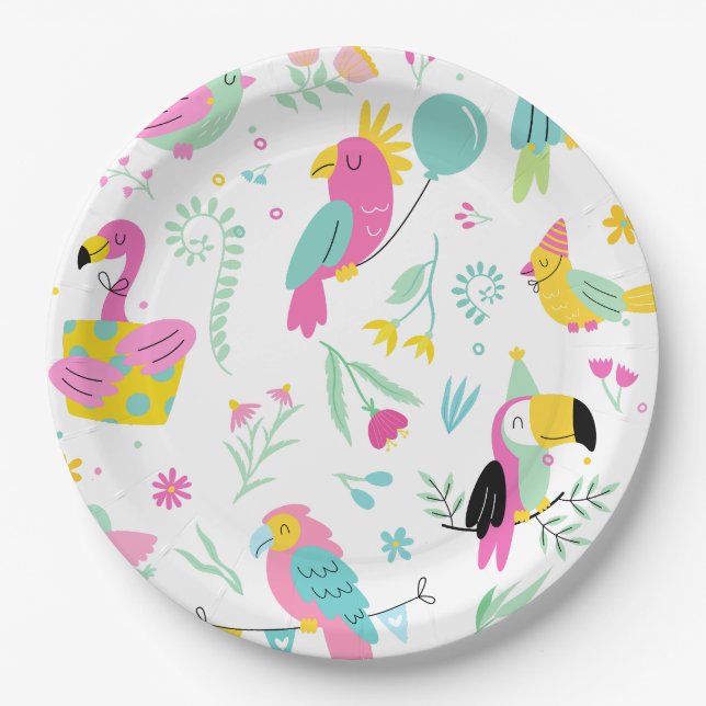 Farbenfrohe tropische Vögel Pappteller (Vorderseite)