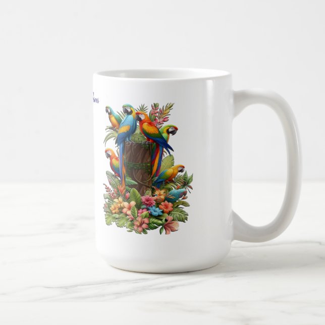 Farbenfrohe tropische Vögel und lebhafte, üppige P Kaffeetasse (Rechts)