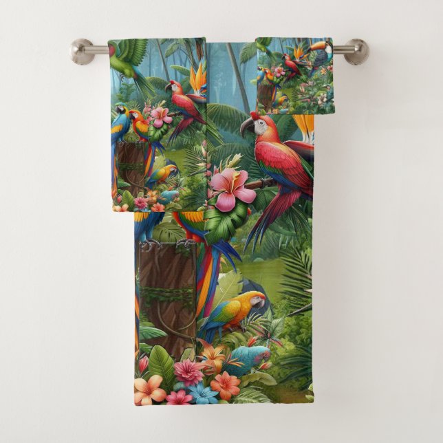 Farbenfrohe tropische Vögel unter lebendiger, üppi Badhandtuch Set (Insitu)