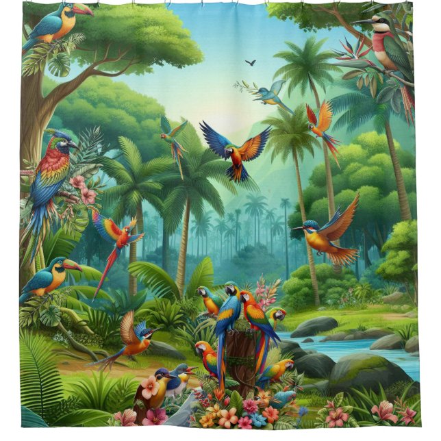 Farbenfrohe tropische Vögel unter lebendiger, üppi Duschvorhang (Vorderseite)