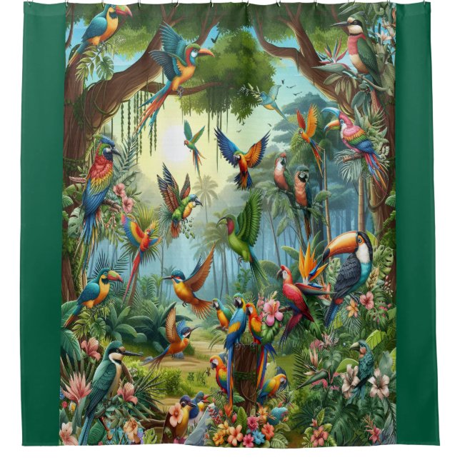 Farbenfrohe tropische Vögel unter lebendiger, üppi Duschvorhang (Vorderseite)
