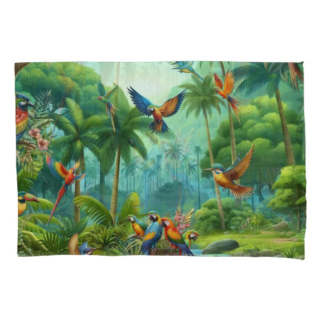 Farbenfrohe tropische Vögel unter lebendiger, üppi Kissenbezug (Vorderseite)