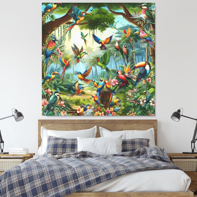 Farbenfrohe tropische Vögel unter lebendiger, üppi Leinwanddruck (Insitu (Schlafzimmer))