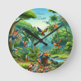 Farbenfrohe tropische Vögel unter lebendiger, üppi Runde Wanduhr