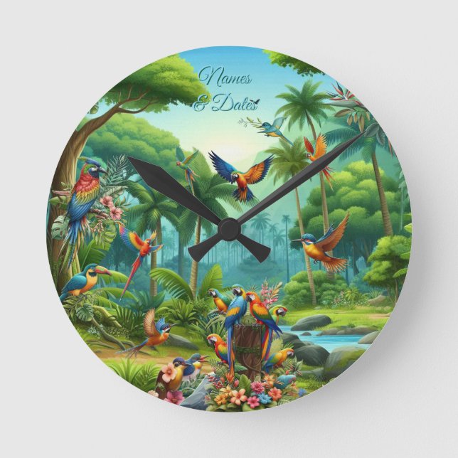 Farbenfrohe tropische Vögel unter lebendiger, üppi Runde Wanduhr (Vorderseite)