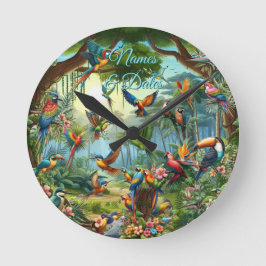 Farbenfrohe tropische Vögel unter lebendiger, üppi Runde Wanduhr