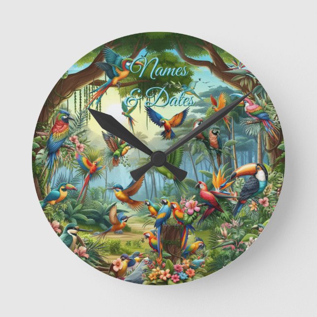 Farbenfrohe tropische Vögel unter lebendiger, üppi Runde Wanduhr (Vorderseite)