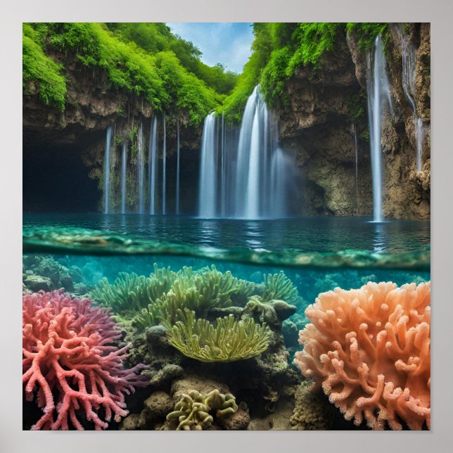 Farbenfrohe tropische Wasserfälle Poster (Vorne)