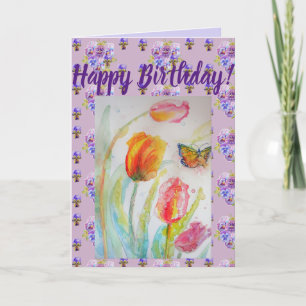 Farbenfrohe Tulip and Butterfly Kunst-Karte Karte