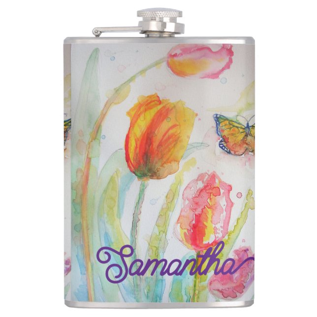Farbenfrohe Tulip Butterfly Wasserfarbe individuel Flachmann (Vorderseite)