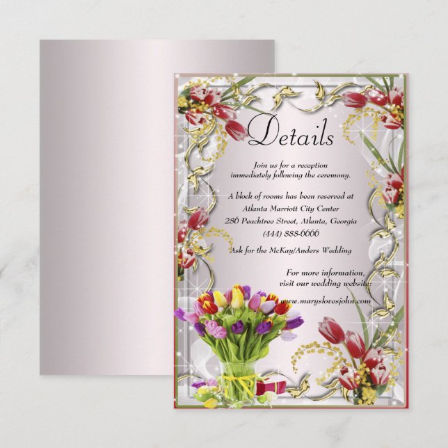 Farbenfrohe Tulip Floral Wedding Details Begleitkarte (Vorne/Hinten)