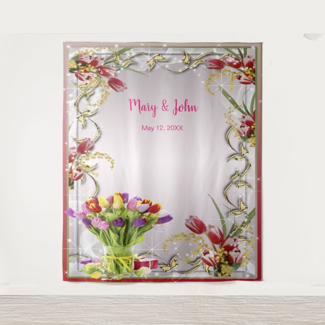 Farbenfrohe Tulip Floral Wedding Foto Hintergrund Wandteppich (Vorderseite)