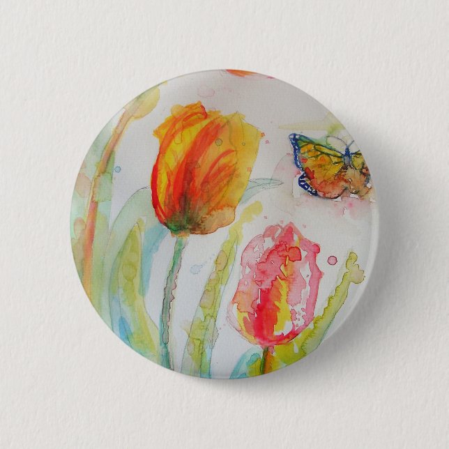 Farbenfrohe Tulip und Butterfly Wasserfarben Blume Button (Vorderseite)