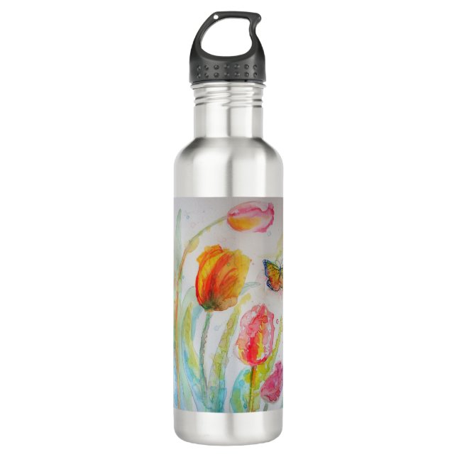 Farbenfrohe Tulip und Butterfly Wasserfarben Blume Edelstahlflasche (Vorderseite)