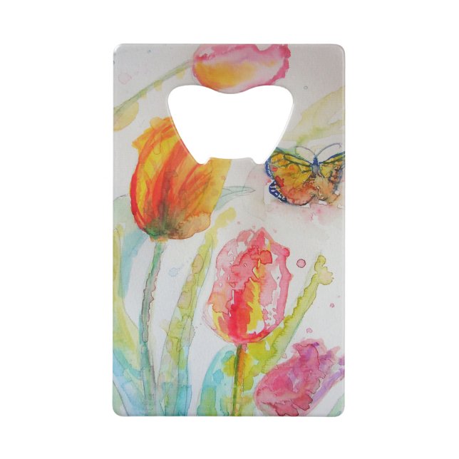 Farbenfrohe Tulip und Butterfly Wasserfarben Blume Geldbeutel Flaschenöffner (Vorderseite)