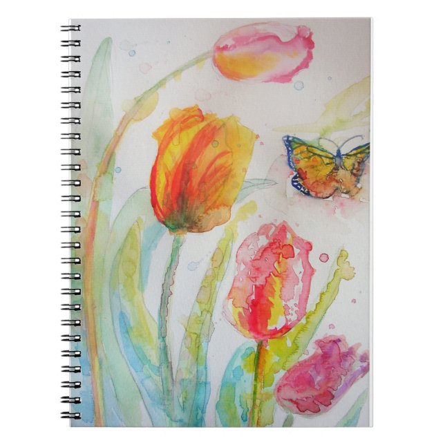Farbenfrohe Tulip und Butterfly Wasserfarben Blume Notizblock (Vorderseite)