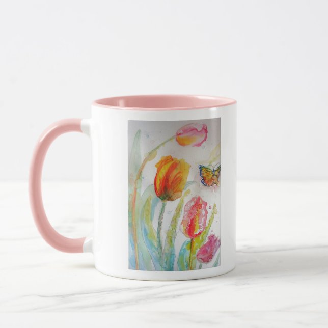 Farbenfrohe Tulip und Butterfly Wasserfarben Blume Tasse (Links)
