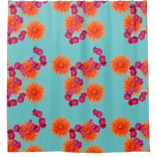 Farbenfrohe türkisblaue Orange Pink Blumenmuster Duschvorhang (Vorderseite)