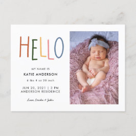 Farbenfrohe Typografie Hallo Geburtsankündigung Einladungspostkarte