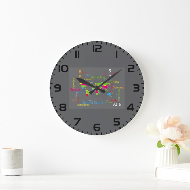 Farbenfrohe Typografie Weltkarte Moderne Word Trav Große Wanduhr (Von Creator hochgeladen)