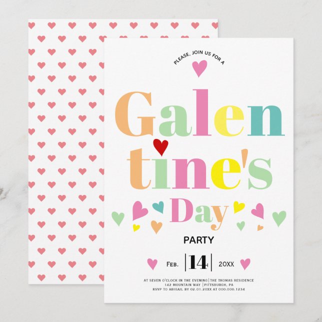 Farbenfrohe typografische Herzen Galentines Day Pa Einladung (Vorne/Hinten)
