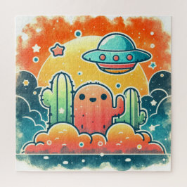 Farbenfrohe UFO Cactus Desert Scene Jigsaw Puzz