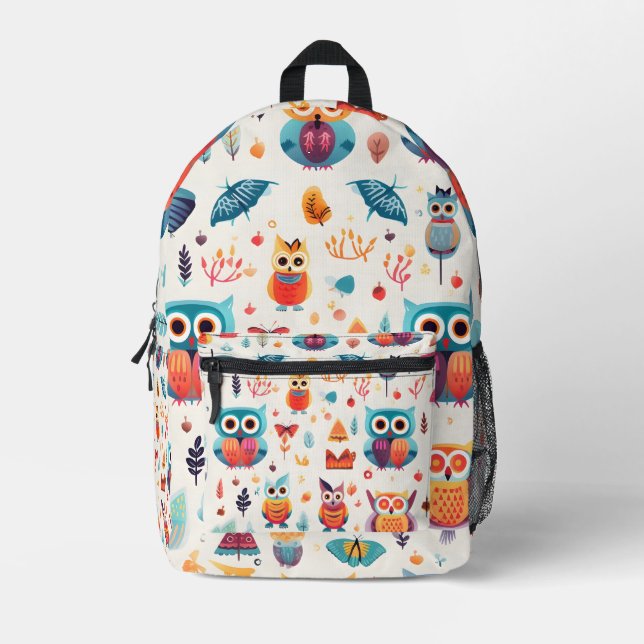 Farbenfrohe Uhusmuster gedruckter Rucksack (Vorderseite)