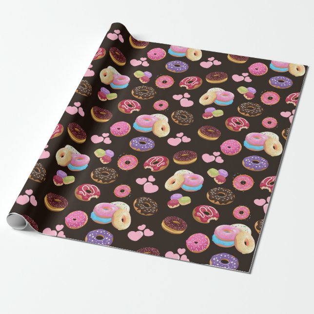Farbenfrohe und geschmackvolle Donuts und Herz Geschenkpapier (Ungerollt)