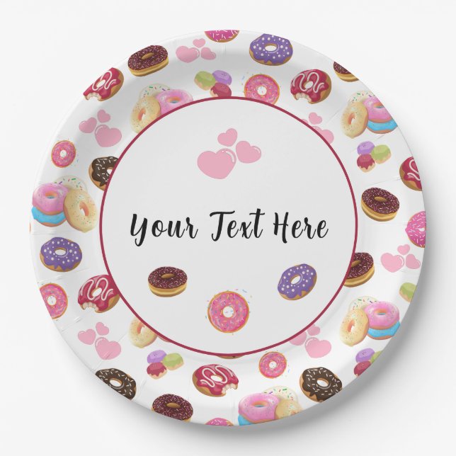 Farbenfrohe und geschmackvolle Donuts und Herz Pappteller (Vorderseite)