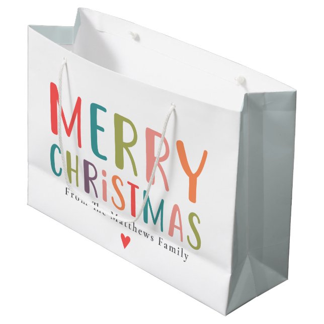 Farbenfrohe und helle frohe Weihnachtsherz Große Geschenktüte (Vorderseite Schrägansicht)