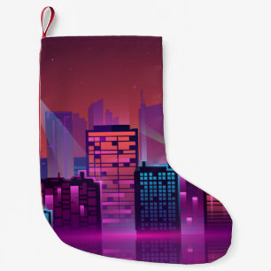 Farbenfrohe und helle Nachtstadt. Abbildung Kleiner Weihnachtsstrumpf