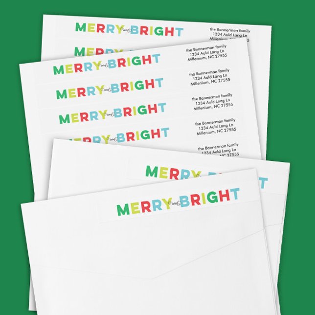Farbenfrohe und helle Urlaubskarte (merry & bright festive green red blue Christmas return address wrap around envelope labels)