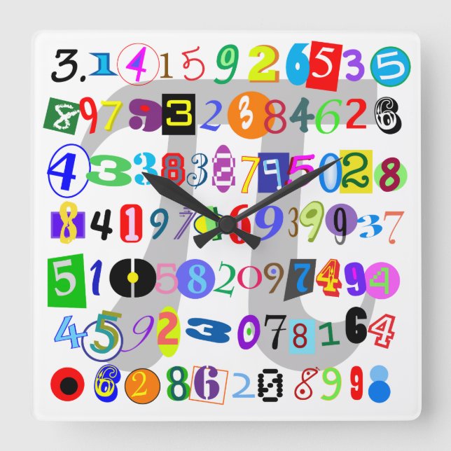 Farbenfrohe und lustige Darstellung der Pi Quadratische Wanduhr (Vorderseite)
