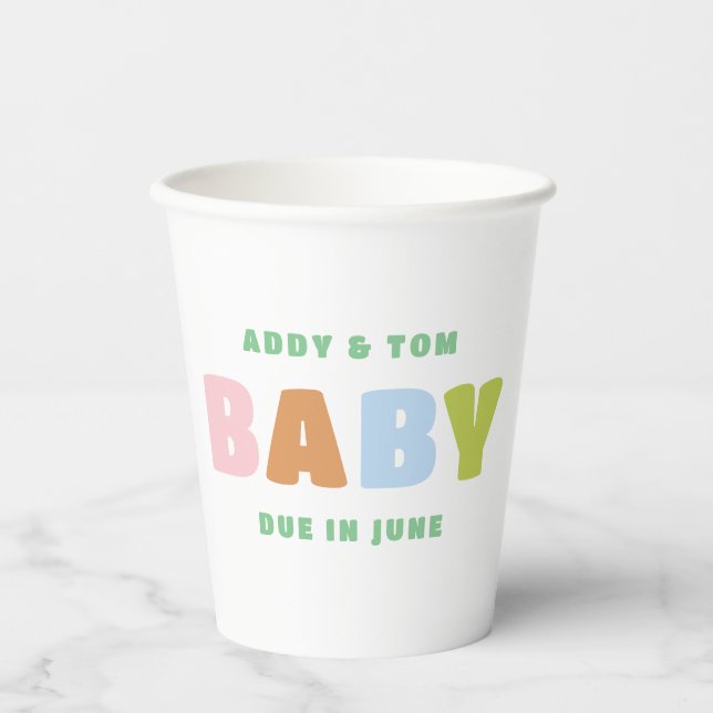 Farbenfrohe und lustige Gender Neutral Baby Dusche Pappbecher (Vorderseite)