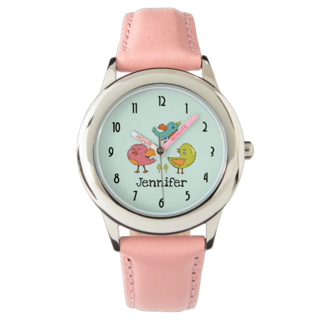 Farbenfrohe und Niedliche Whimsisches Vogeltrio Armbanduhr (Vorderseite)